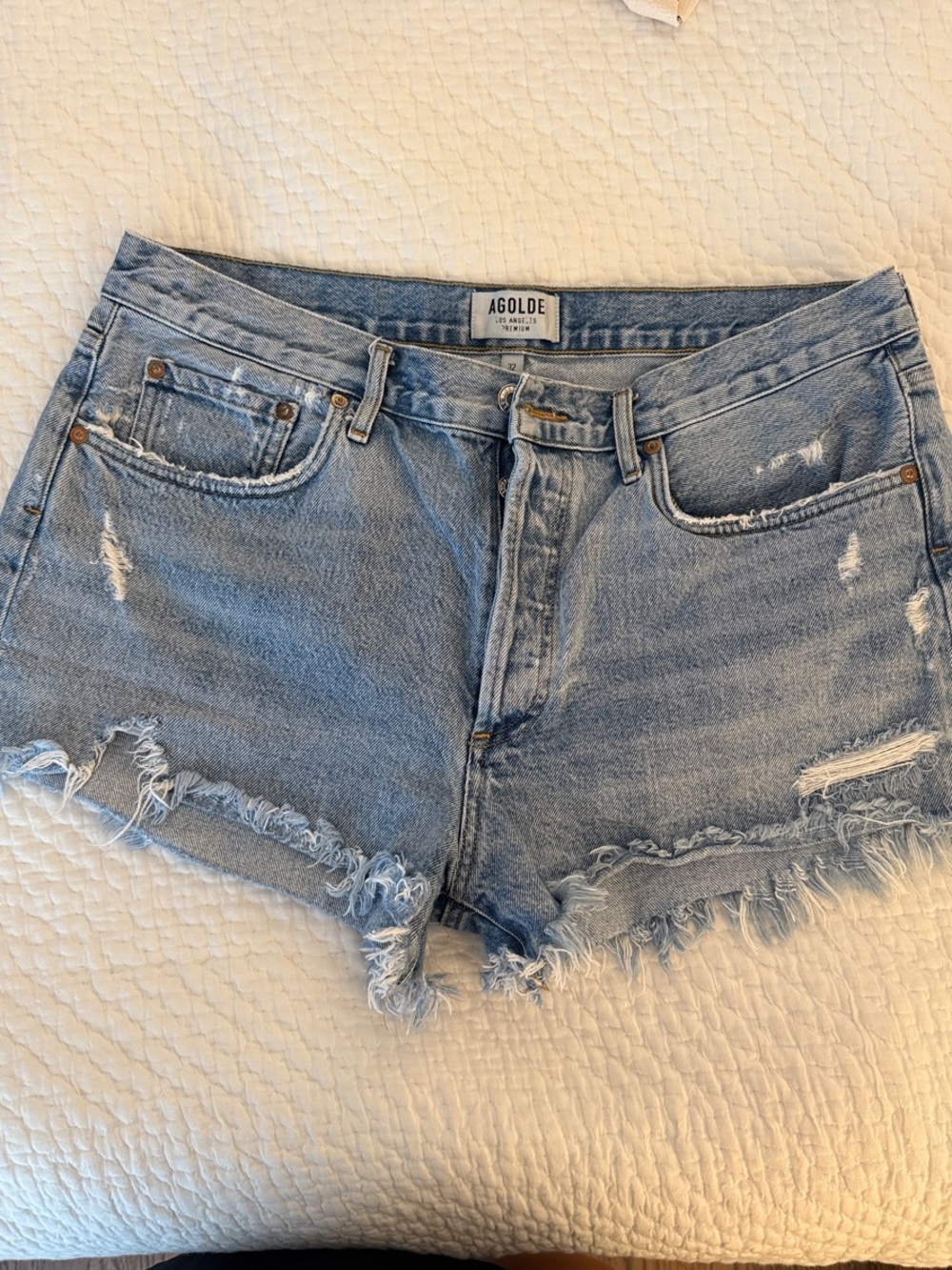 Agolde Parker Light Wash Frayed Hem Denim Shorts 32